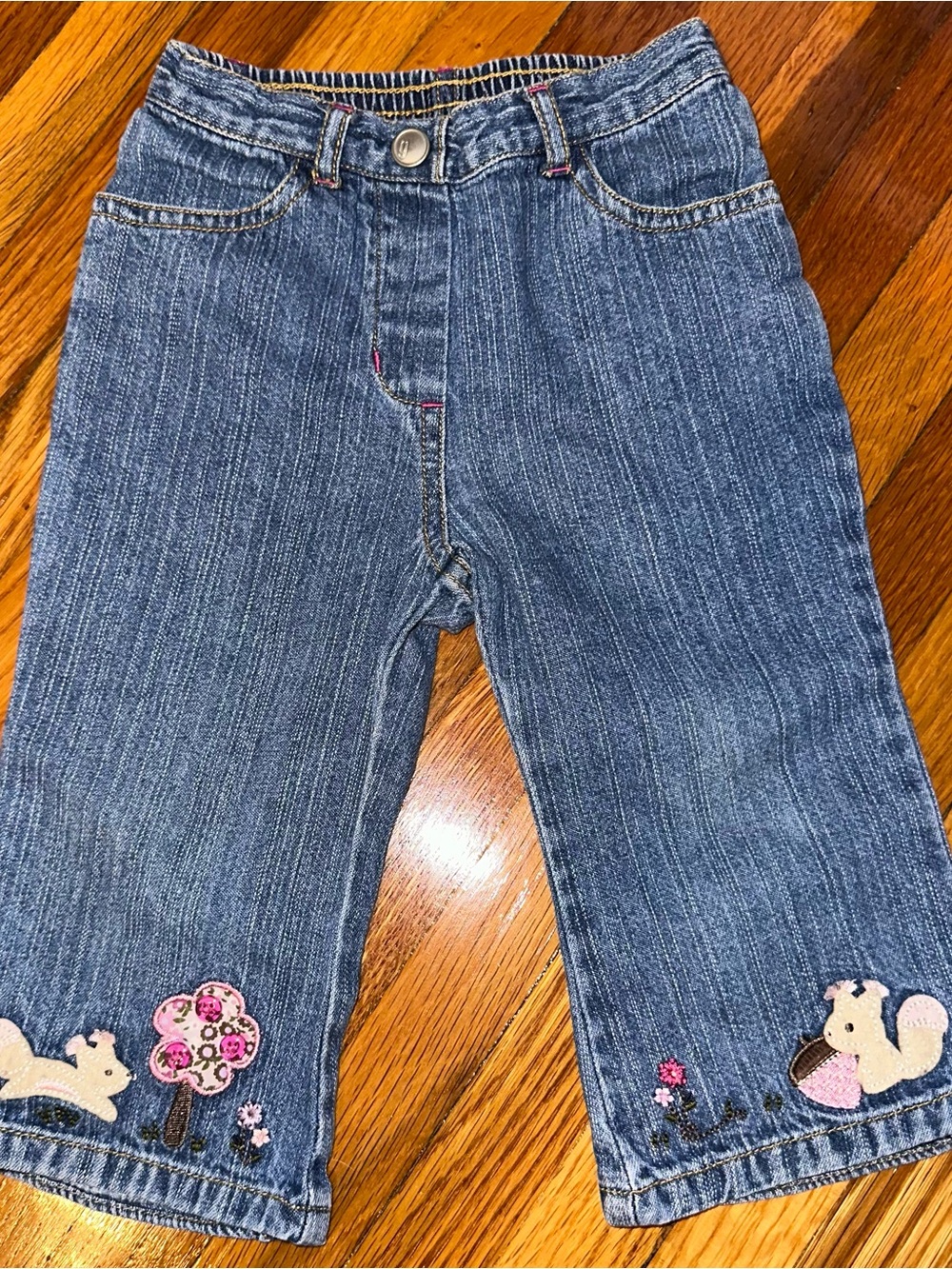 Gymboree Blue Denim Jeans with Squirrel & Flower Embroidery